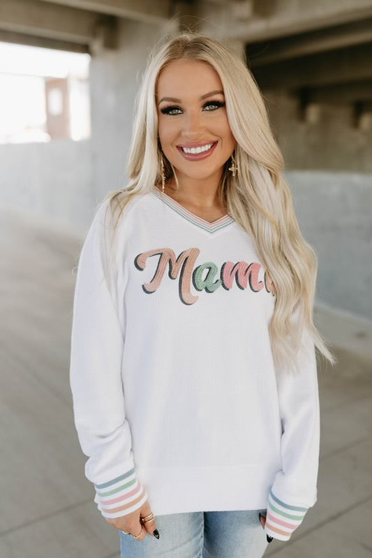 Mama Embroidered Corded White Sweatshirt