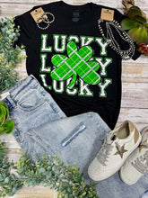 Load image into Gallery viewer, Lucky Repeat Green &amp; White Vintage Black Tee
