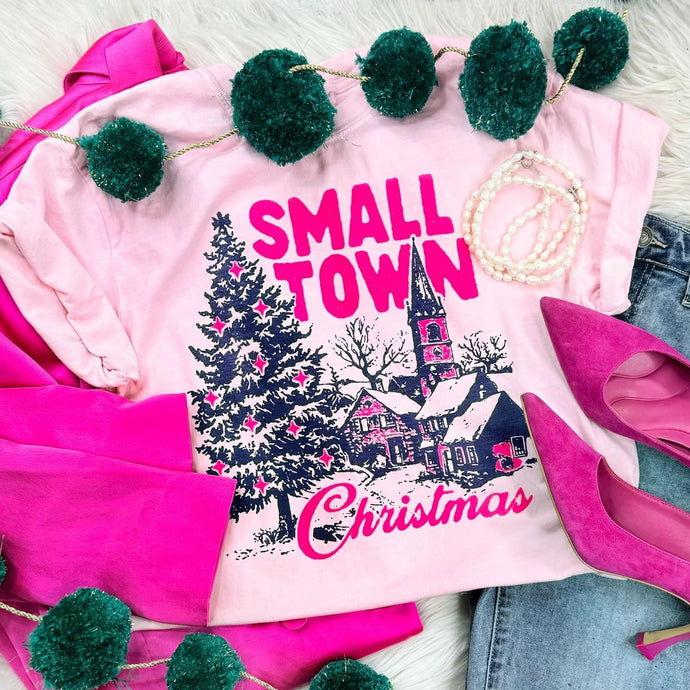 Small Town Christmas Vintage Pink Tee