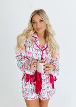 Load image into Gallery viewer, Santa &amp; Pink Bows Satin Pajama Set
