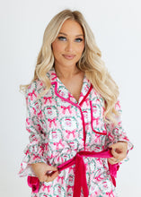 Load image into Gallery viewer, Santa &amp; Pink Bows Satin Pajama Set
