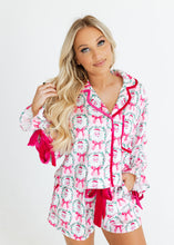 Load image into Gallery viewer, Santa &amp; Pink Bows Satin Pajama Set
