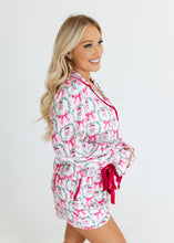 Load image into Gallery viewer, Santa &amp; Pink Bows Satin Pajama Set
