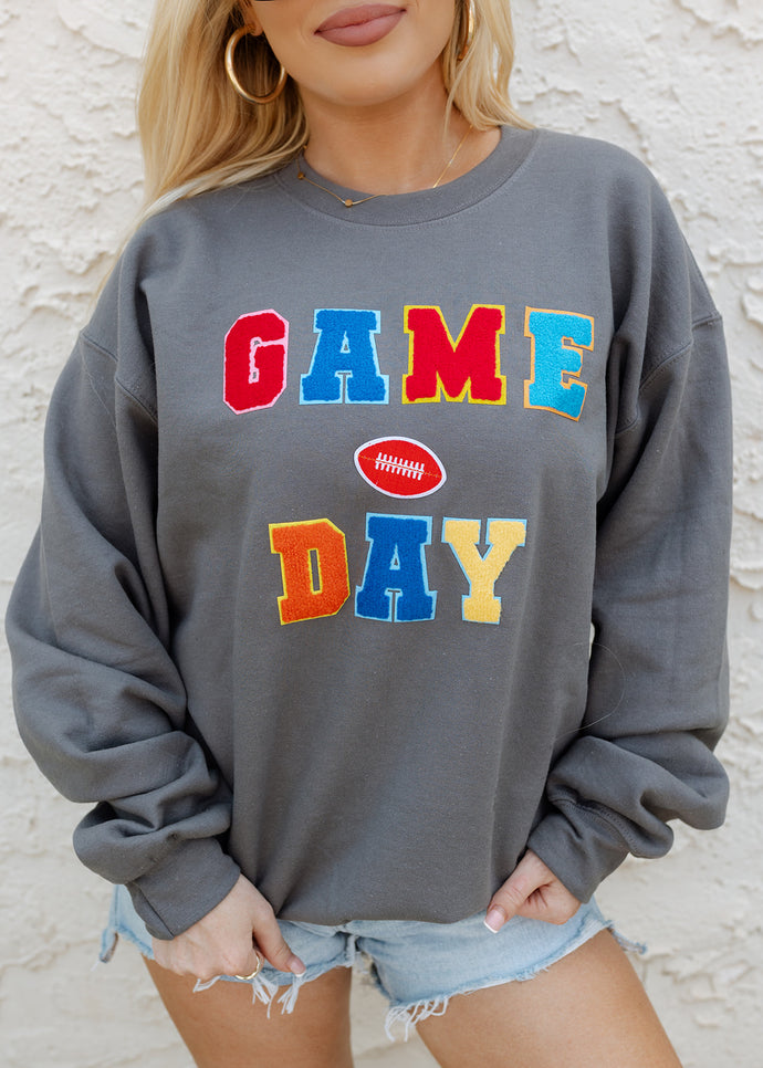 Game Day Colorful Patch Dark Grey Crewneck