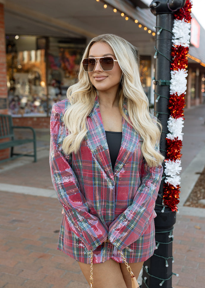 Sequin Plaid Christmas Blazer