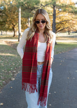 Load image into Gallery viewer, Mistletoe Red &amp; Green Stripe Fringe Scarf
