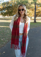 Load image into Gallery viewer, Mistletoe Red &amp; Green Stripe Fringe Scarf
