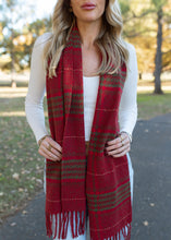 Load image into Gallery viewer, Mistletoe Red &amp; Green Stripe Fringe Scarf
