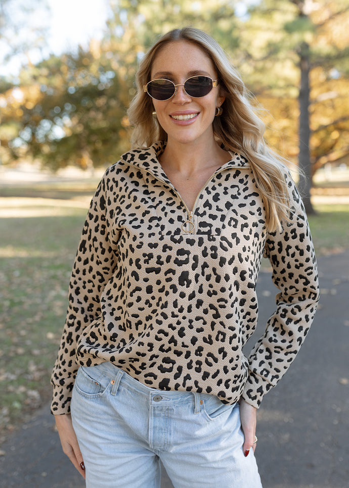 Landon Taupe Leopard Quarter Zip Pullover