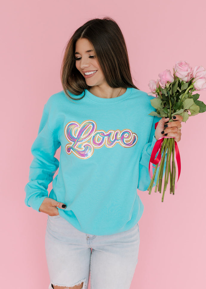 Rainbow Love Sequin Patch Scuba Blue Sweatshirt