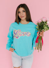 Load image into Gallery viewer, Rainbow Love Sequin Patch Scuba Blue Sweatshirt
