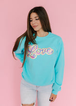 Load image into Gallery viewer, Rainbow Love Sequin Patch Scuba Blue Sweatshirt
