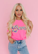 Load image into Gallery viewer, Rainbow Love Sequin Patch Neon Pink Tee
