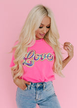 Load image into Gallery viewer, Rainbow Love Sequin Patch Neon Pink Tee
