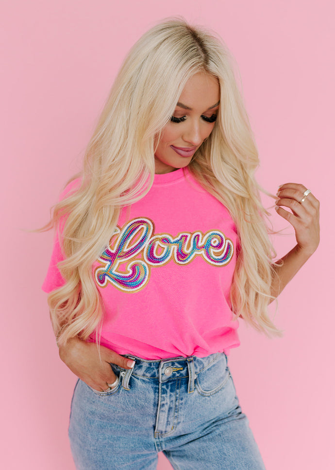 Rainbow Love Sequin Patch Neon Pink Tee