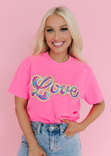 Load image into Gallery viewer, Rainbow Love Sequin Patch Neon Pink Tee
