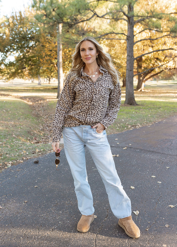 Leopard Print Flannel Button Top