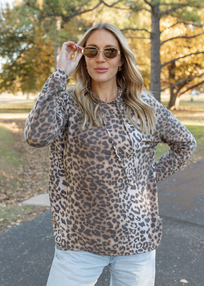 Leopard Fleece Hoodie Top - Tan