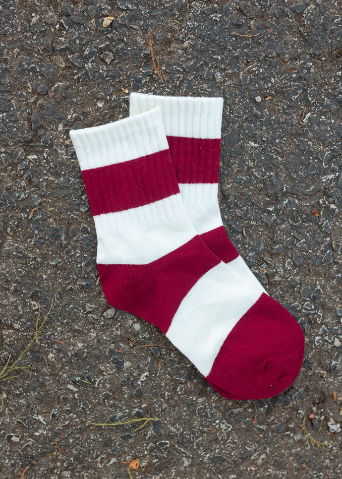 White & Red Thick Stripe Red Heel Crew Socks