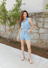 Load image into Gallery viewer, Collared Light Denim Belted Romper
