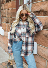 Load image into Gallery viewer, Ecru &amp; Navy Plaid Shacket
