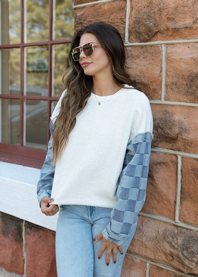 Ivory Terry & Checkered Denim Pullover Top