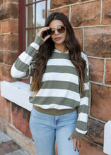 Load image into Gallery viewer, Olive &amp; White Stripe Hoodie Pullover Top
