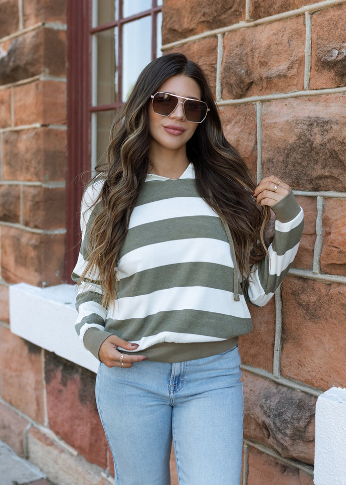 Olive & White Stripe Hoodie Pullover Top