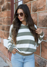 Load image into Gallery viewer, Olive &amp; White Stripe Hoodie Pullover Top
