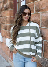 Load image into Gallery viewer, Olive &amp; White Stripe Hoodie Pullover Top
