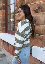 Load image into Gallery viewer, Olive &amp; White Stripe Hoodie Pullover Top
