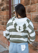 Load image into Gallery viewer, Olive &amp; White Stripe Hoodie Pullover Top
