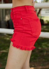 Load image into Gallery viewer, Risen Fiesta Red Denim Frayed Shorts
