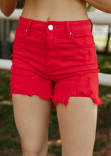 Load image into Gallery viewer, Risen Fiesta Red Denim Frayed Shorts
