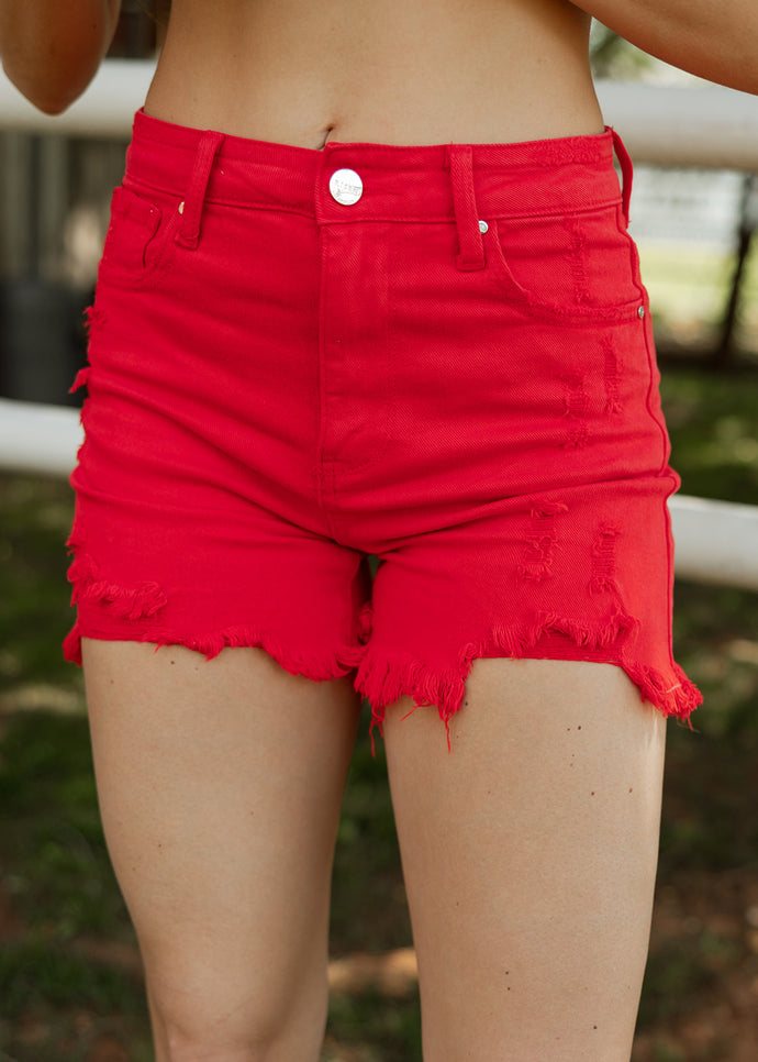 Risen Fiesta Red Denim Frayed Shorts