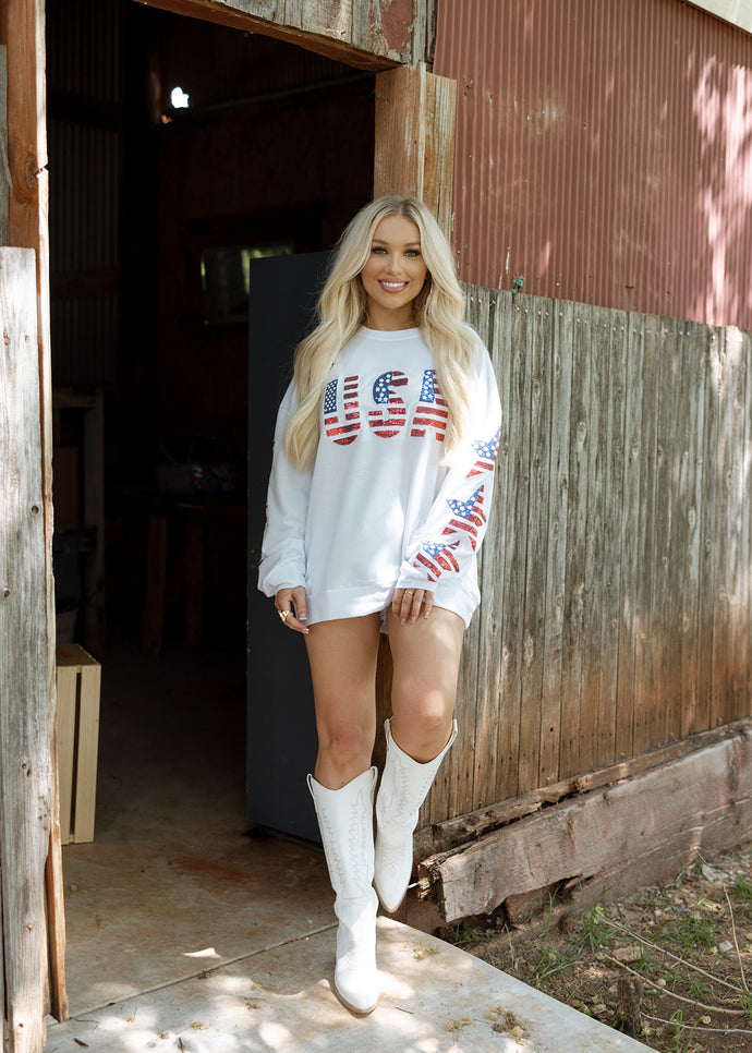USA & Star Sequin Patch White Pullover