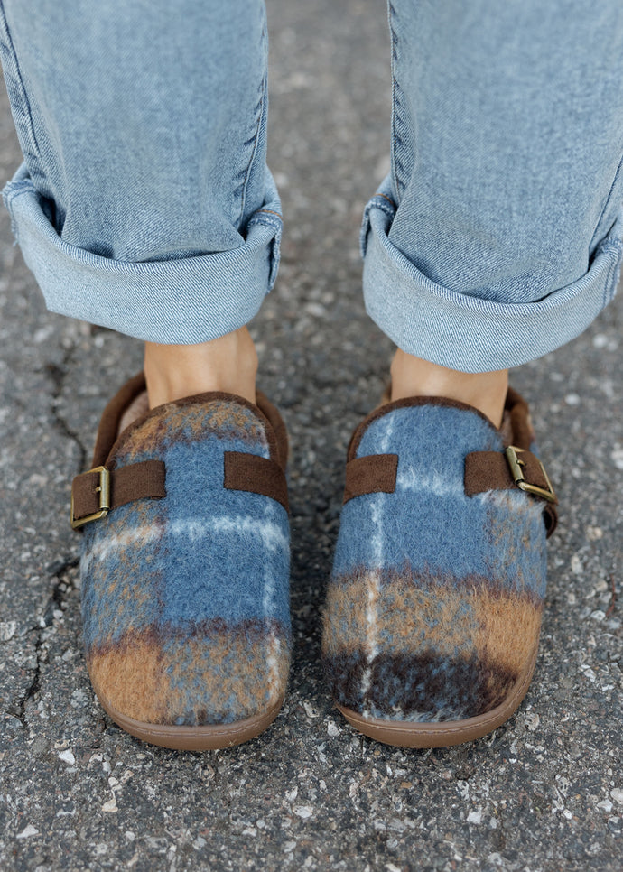 Fuzzy Blue Plaid Mule Slides