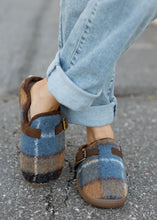 Load image into Gallery viewer, Fuzzy Blue Plaid Mule Slides
