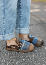 Load image into Gallery viewer, Fuzzy Blue Plaid Mule Slides
