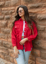 Load image into Gallery viewer, Red Tattered Denim Jacket
