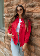 Load image into Gallery viewer, Red Tattered Denim Jacket
