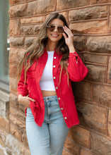 Load image into Gallery viewer, Red Tattered Denim Jacket
