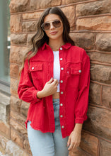 Load image into Gallery viewer, Red Tattered Denim Jacket
