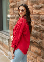 Load image into Gallery viewer, Red Tattered Denim Jacket
