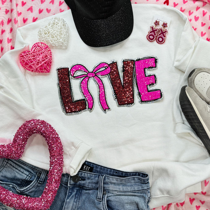 Sequin Love Bow Patch White Sweatshirt