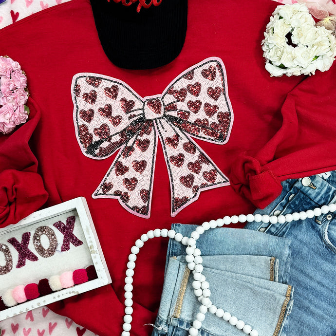 Pink Bow Red Hearts Sequin Patch Red Sweatshirt