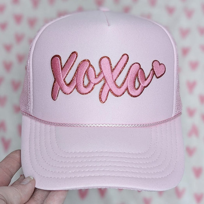 Pink Embroidered XOXO Glitter Patch Foam Trucker Hat