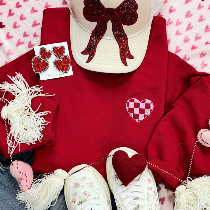 Embroidered Checkered Heart Red Sweatshirt