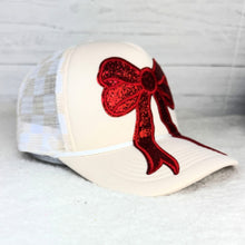 Load image into Gallery viewer, Red Sequin Bow Checkered Foam Trucker Hat
