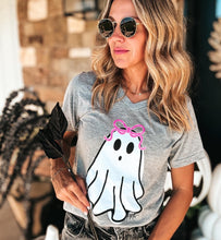 Load image into Gallery viewer, Ghost Bow Glitter Vintage Grey Tee
